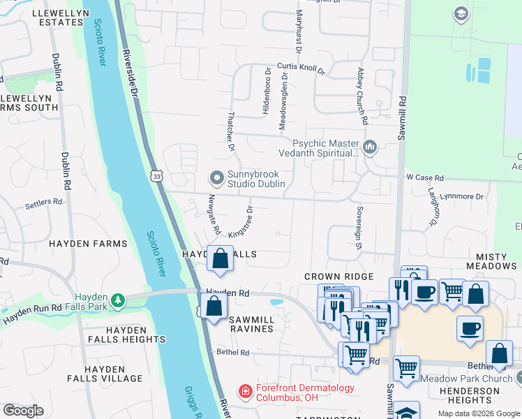 map of restaurants, bars, coffee shops, grocery stores, and more near 3162 Kingstree Court in Dublin