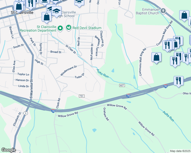 map of restaurants, bars, coffee shops, grocery stores, and more near 115 Westminster Drive in Saint Clairsville