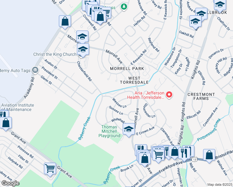 map of restaurants, bars, coffee shops, grocery stores, and more near 3584 Churchill Lane in Philadelphia