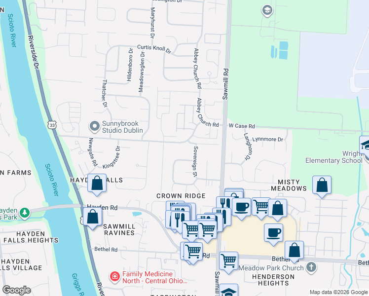map of restaurants, bars, coffee shops, grocery stores, and more near 2952 West Case Road in Columbus