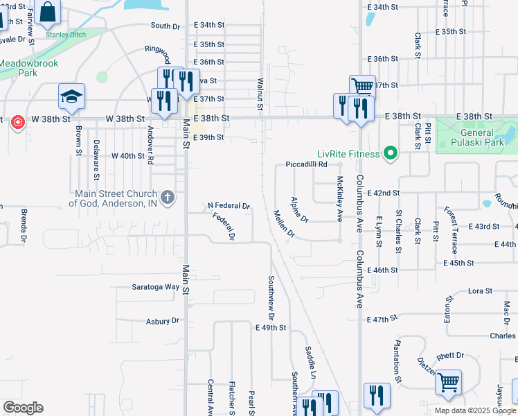 map of restaurants, bars, coffee shops, grocery stores, and more near 312 Federal Drive in Anderson