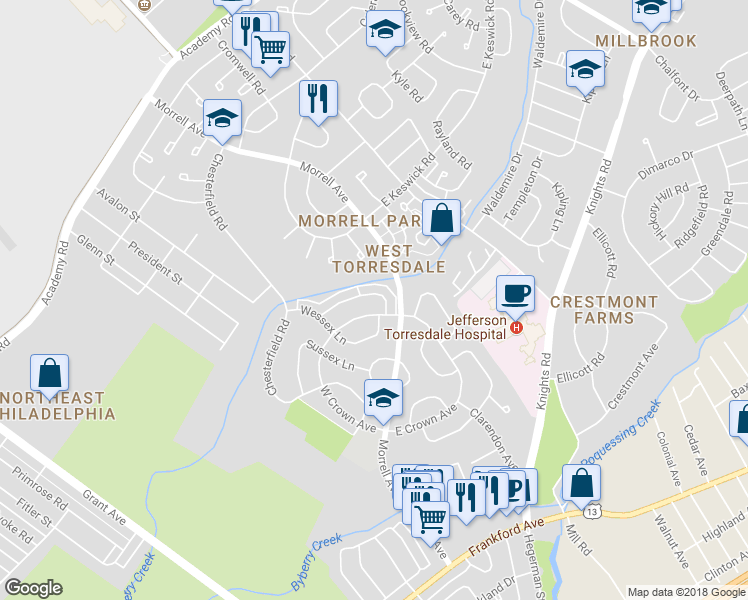 map of restaurants, bars, coffee shops, grocery stores, and more near 3507 Churchill Lane in Philadelphia