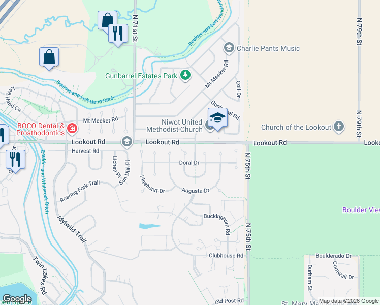 map of restaurants, bars, coffee shops, grocery stores, and more near 5382 Oak Tree Court in Boulder