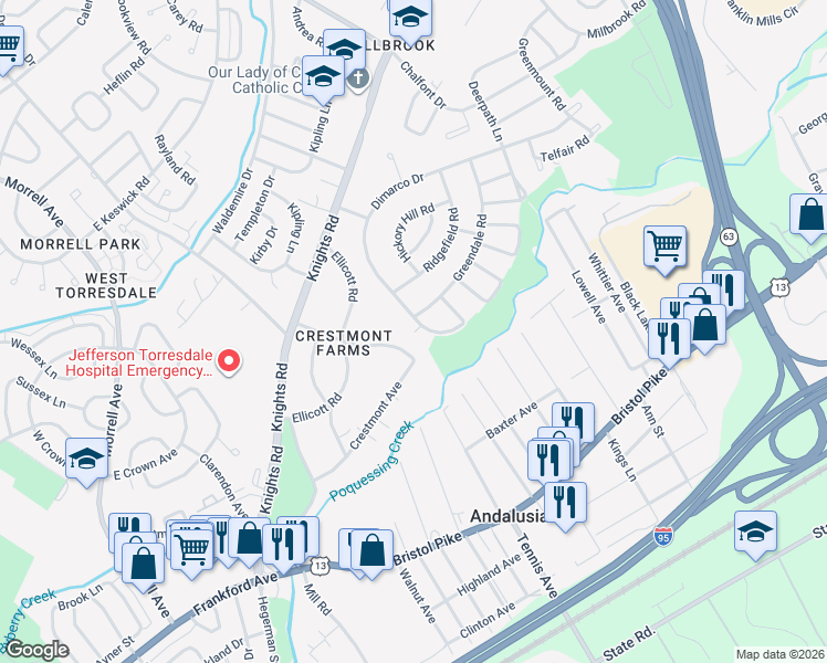 map of restaurants, bars, coffee shops, grocery stores, and more near 147 Dimarco Drive in Philadelphia
