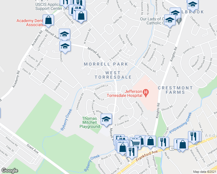 map of restaurants, bars, coffee shops, grocery stores, and more near 3507 Churchill Lane in Philadelphia