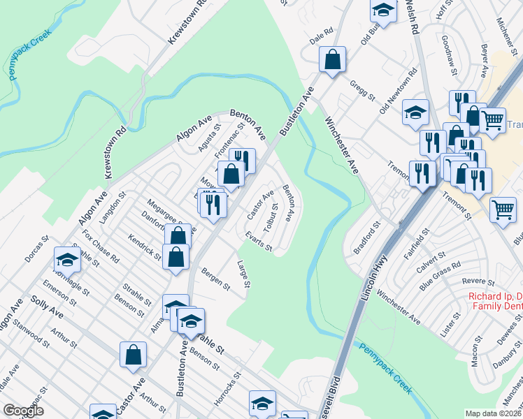 map of restaurants, bars, coffee shops, grocery stores, and more near 8570 Tolbut Street in Philadelphia