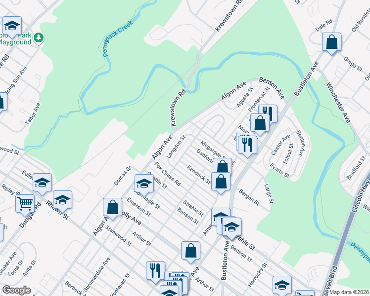 map of restaurants, bars, coffee shops, grocery stores, and more near 8388 Langdon Street in Philadelphia