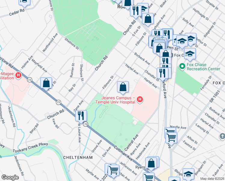 map of restaurants, bars, coffee shops, grocery stores, and more near 7641 Burholme Avenue in Philadelphia