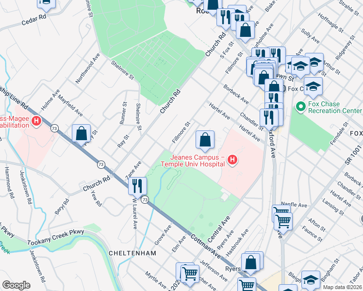 map of restaurants, bars, coffee shops, grocery stores, and more near 7619 Fillmore Street in Philadelphia