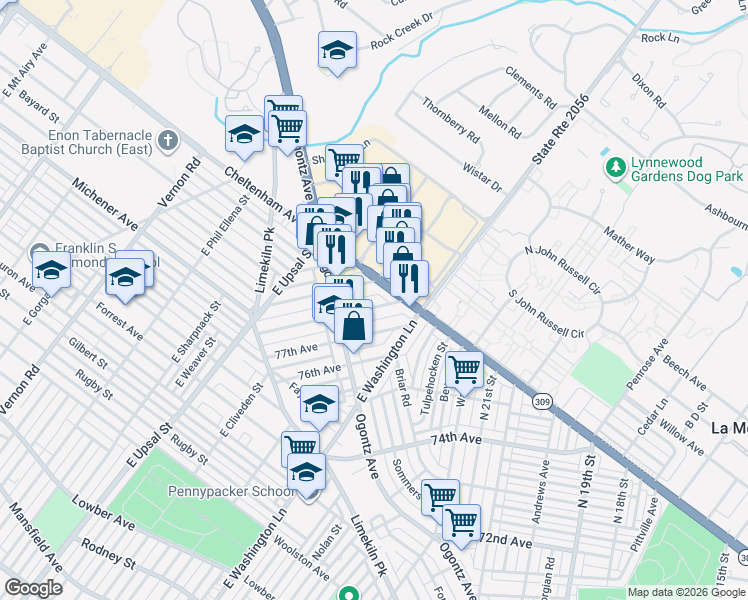 map of restaurants, bars, coffee shops, grocery stores, and more near 2300 79th Avenue in Philadelphia