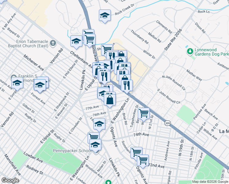 map of restaurants, bars, coffee shops, grocery stores, and more near 2300 79th Avenue in Philadelphia
