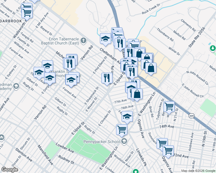 map of restaurants, bars, coffee shops, grocery stores, and more near 7824 Provident Road in Philadelphia