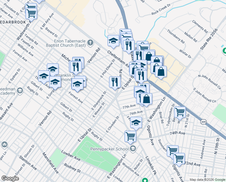 map of restaurants, bars, coffee shops, grocery stores, and more near 7824 Provident Road in Philadelphia