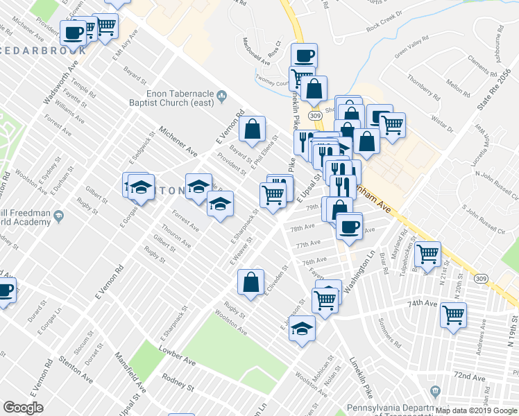 map of restaurants, bars, coffee shops, grocery stores, and more near 7824 Provident Road in Philadelphia