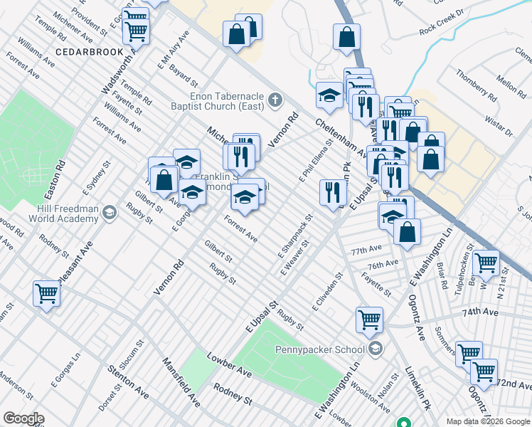 map of restaurants, bars, coffee shops, grocery stores, and more near 7907 Fayette Street in Philadelphia