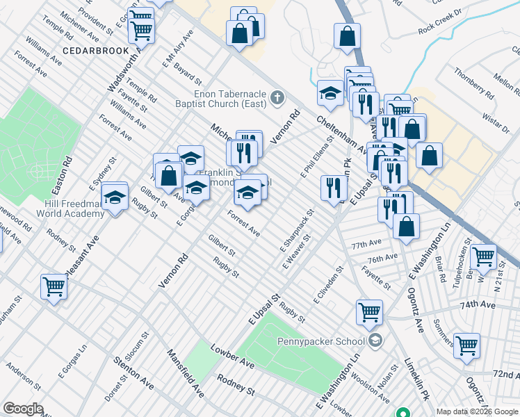 map of restaurants, bars, coffee shops, grocery stores, and more near 7947 Williams Avenue in Philadelphia