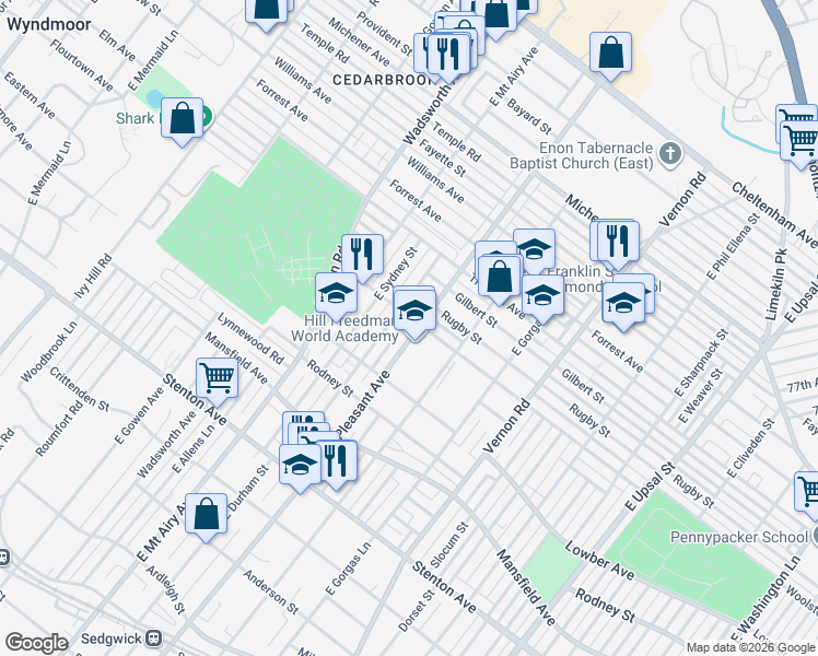 map of restaurants, bars, coffee shops, grocery stores, and more near 1150 East Durham Street in Philadelphia