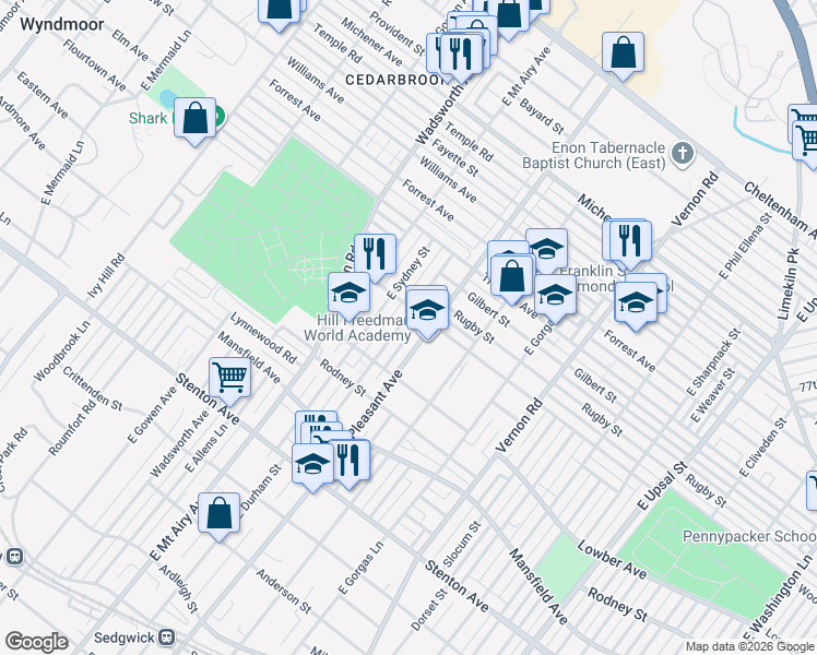 map of restaurants, bars, coffee shops, grocery stores, and more near 1150 East Durham Street in Philadelphia