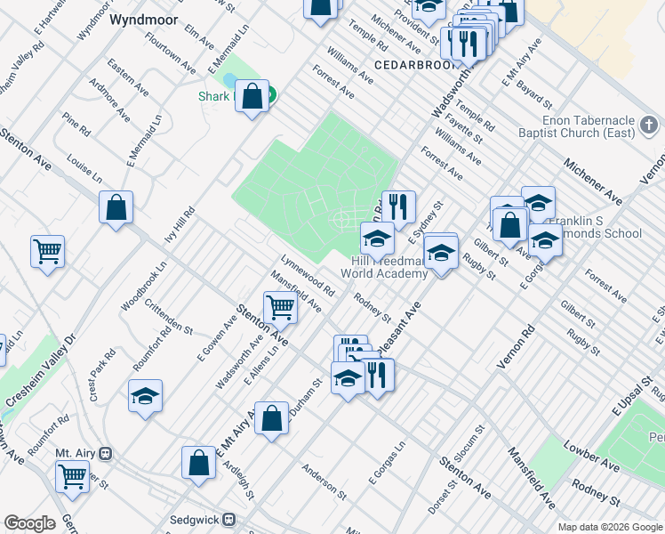map of restaurants, bars, coffee shops, grocery stores, and more near 1051 Easton Road in Philadelphia