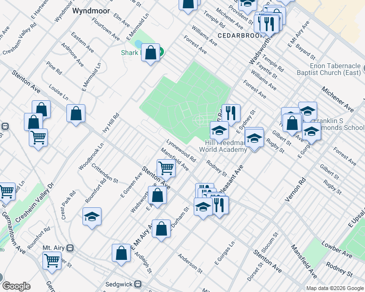 map of restaurants, bars, coffee shops, grocery stores, and more near 8421 Lynnewood Road in Philadelphia