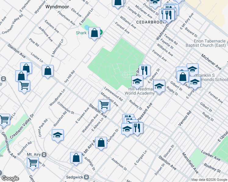 map of restaurants, bars, coffee shops, grocery stores, and more near 8421 Lynnewood Road in Philadelphia