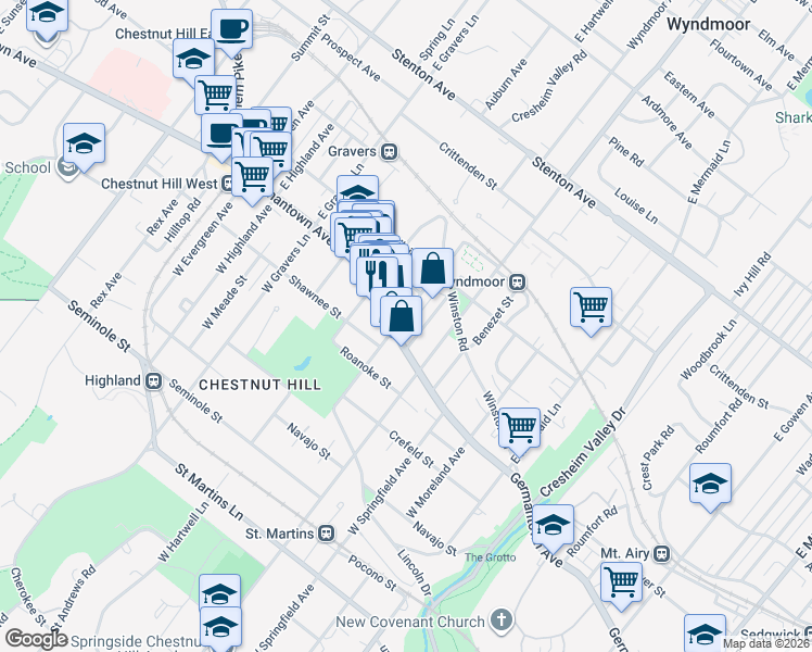 map of restaurants, bars, coffee shops, grocery stores, and more near 22 East Abington Avenue in Philadelphia