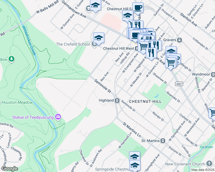 map of restaurants, bars, coffee shops, grocery stores, and more near 8617 Seminole Street in Philadelphia