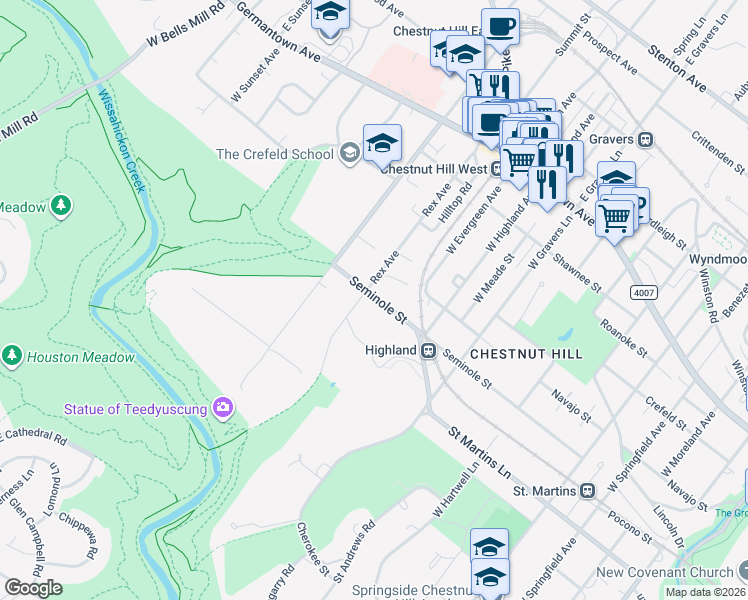 map of restaurants, bars, coffee shops, grocery stores, and more near 8617 Seminole Street in Philadelphia
