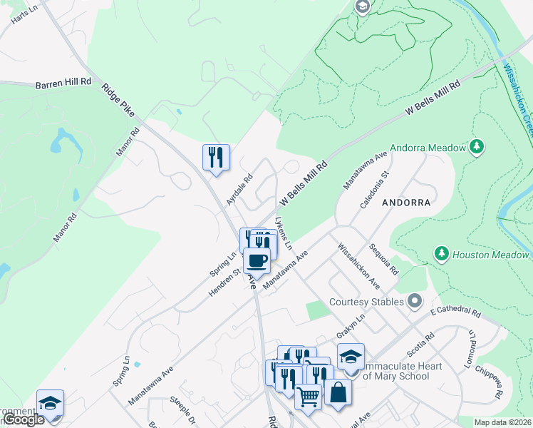 map of restaurants, bars, coffee shops, grocery stores, and more near 847 Green Valley Drive in Philadelphia