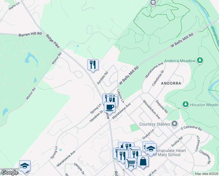 map of restaurants, bars, coffee shops, grocery stores, and more near 847 Green Valley Drive in Philadelphia