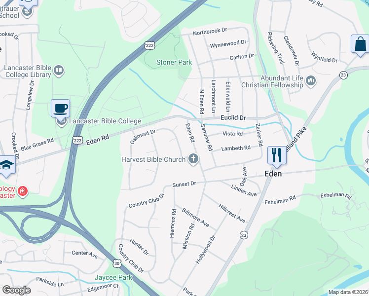 map of restaurants, bars, coffee shops, grocery stores, and more near 1182 Oakmont Drive in Lancaster