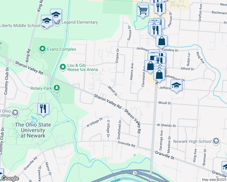 map of restaurants, bars, coffee shops, grocery stores, and more near 725 Moull Street in Newark