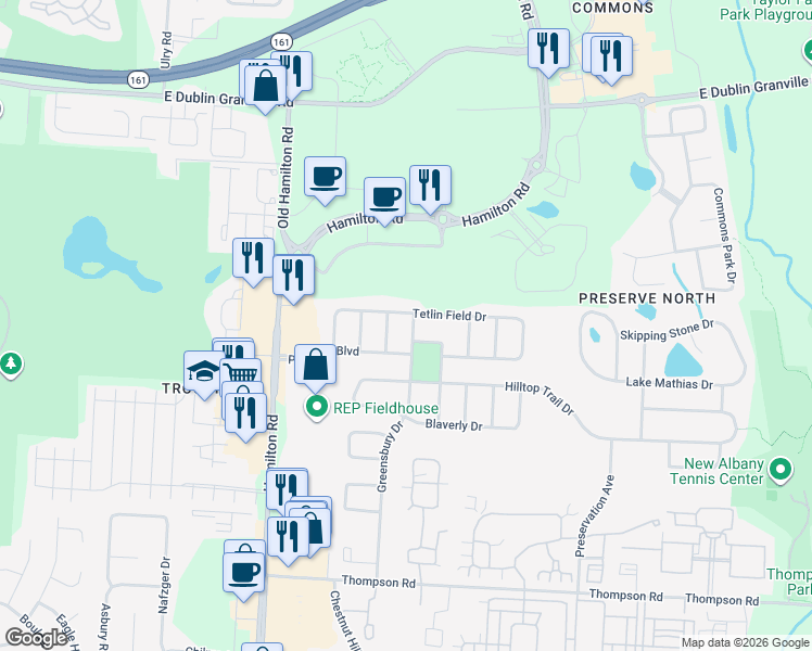 map of restaurants, bars, coffee shops, grocery stores, and more near 6034 Tetlin Field Drive in New Albany
