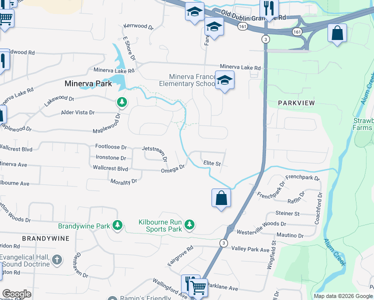 map of restaurants, bars, coffee shops, grocery stores, and more near 3332 Omega Drive in Columbus