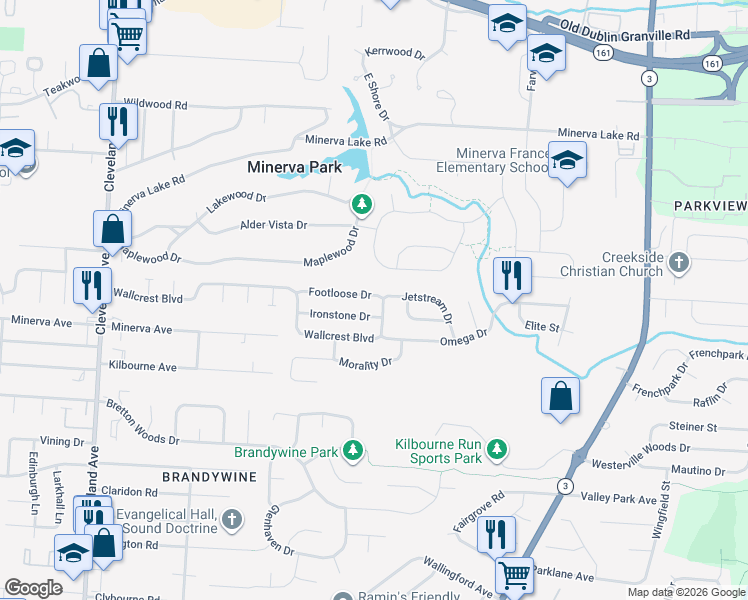 map of restaurants, bars, coffee shops, grocery stores, and more near 2974 Footloose Drive in Columbus