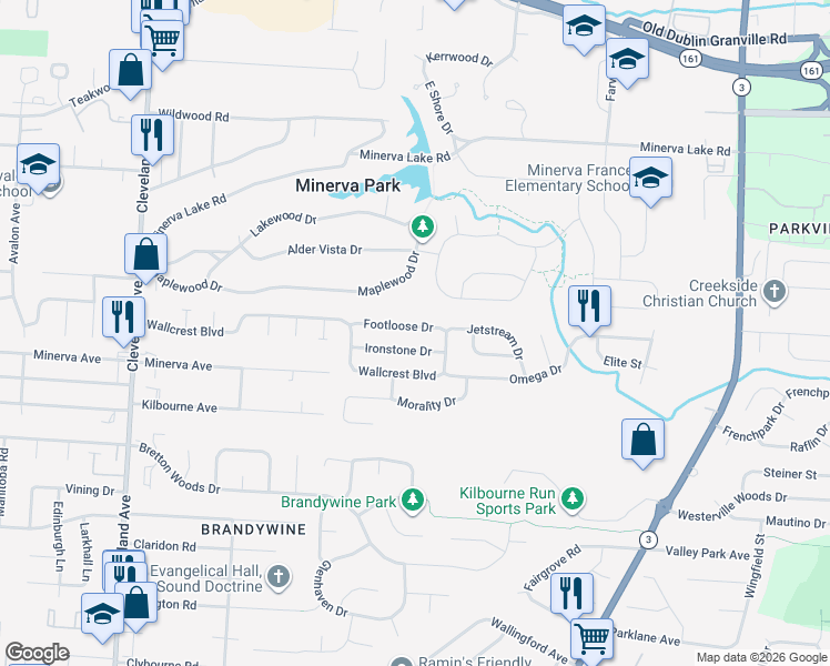 map of restaurants, bars, coffee shops, grocery stores, and more near 2974 Footloose Drive in Columbus