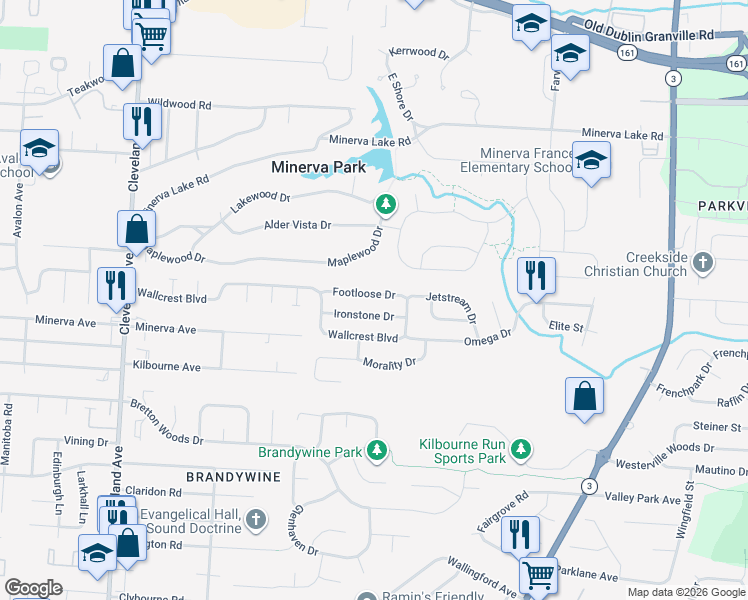 map of restaurants, bars, coffee shops, grocery stores, and more near 2974 Footloose Drive in Columbus
