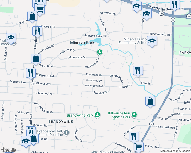 map of restaurants, bars, coffee shops, grocery stores, and more near 2974 Footloose Drive in Columbus
