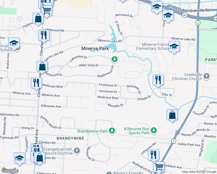 map of restaurants, bars, coffee shops, grocery stores, and more near 2932 Footloose Drive in Columbus