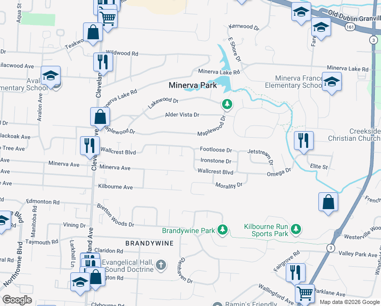map of restaurants, bars, coffee shops, grocery stores, and more near 2886 Wallcrest Boulevard in Columbus