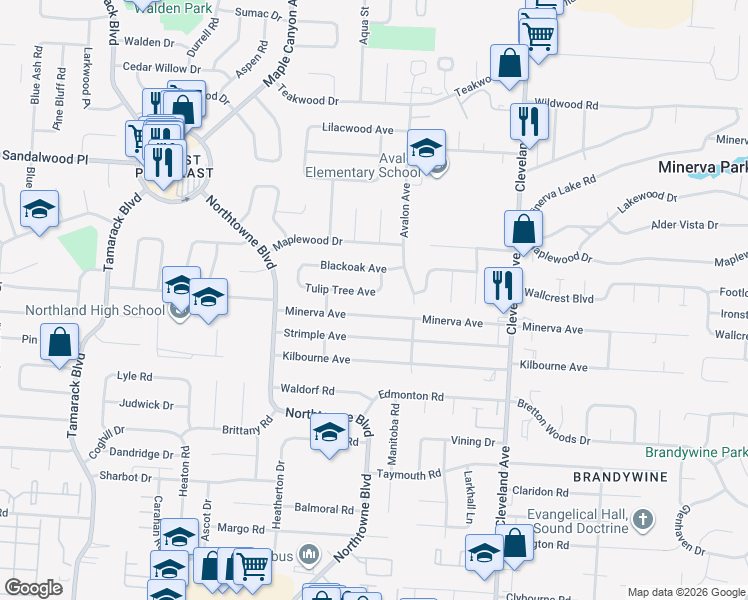 map of restaurants, bars, coffee shops, grocery stores, and more near 5052 Palmwood Street in Columbus
