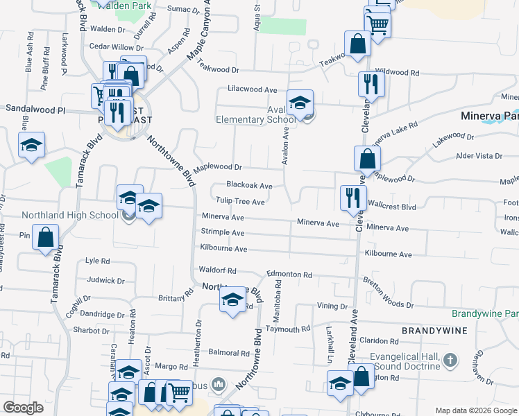 map of restaurants, bars, coffee shops, grocery stores, and more near 2210 Tulip Tree Avenue in Columbus