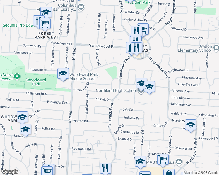 map of restaurants, bars, coffee shops, grocery stores, and more near 1762 Sugarmaple Drive in Columbus