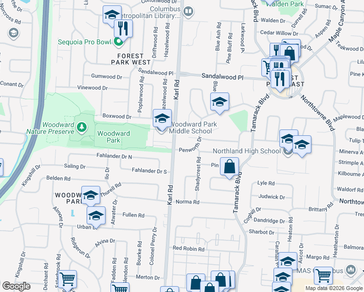 map of restaurants, bars, coffee shops, grocery stores, and more near 1603 Sugarmaple Court in Columbus