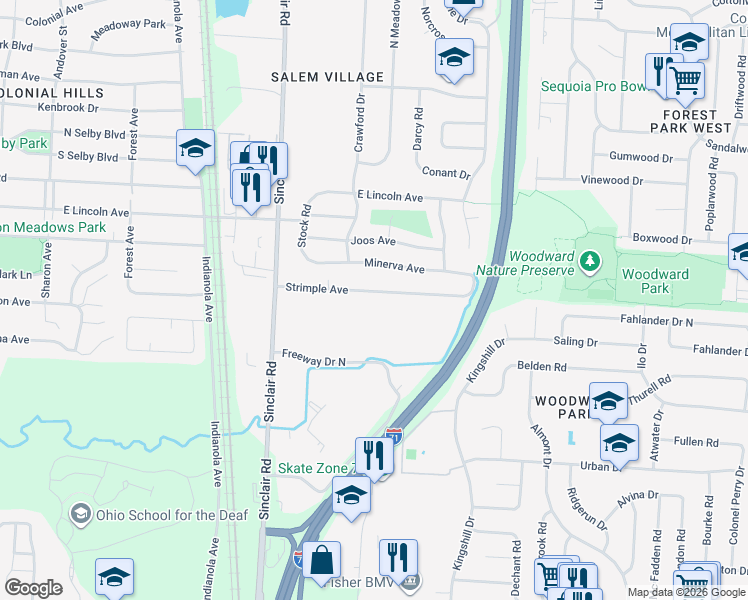 map of restaurants, bars, coffee shops, grocery stores, and more near 950 Strimple Avenue in Columbus