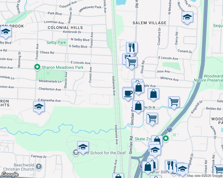 map of restaurants, bars, coffee shops, grocery stores, and more near 5269 Indianola Avenue in Columbus
