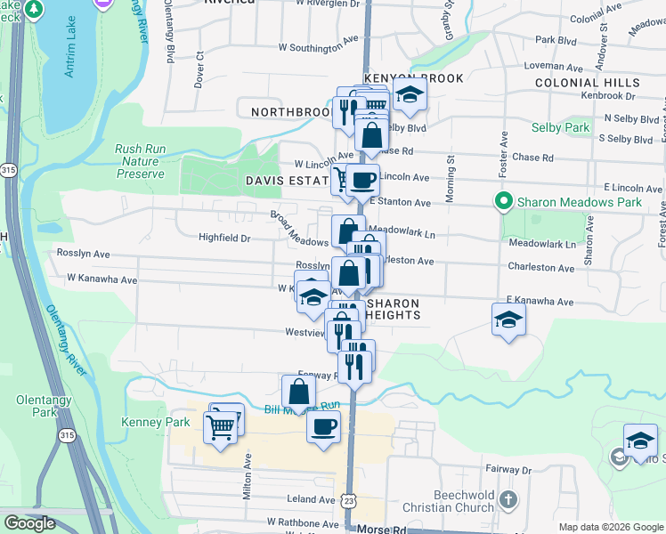 map of restaurants, bars, coffee shops, grocery stores, and more near 52 Rosslyn Avenue in Columbus