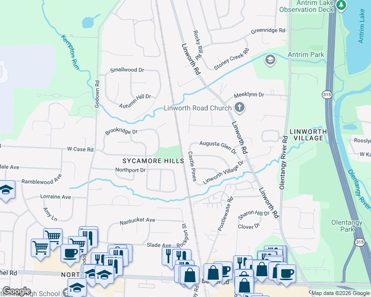 map of restaurants, bars, coffee shops, grocery stores, and more near 1030 Augusta Glen Drive in Columbus