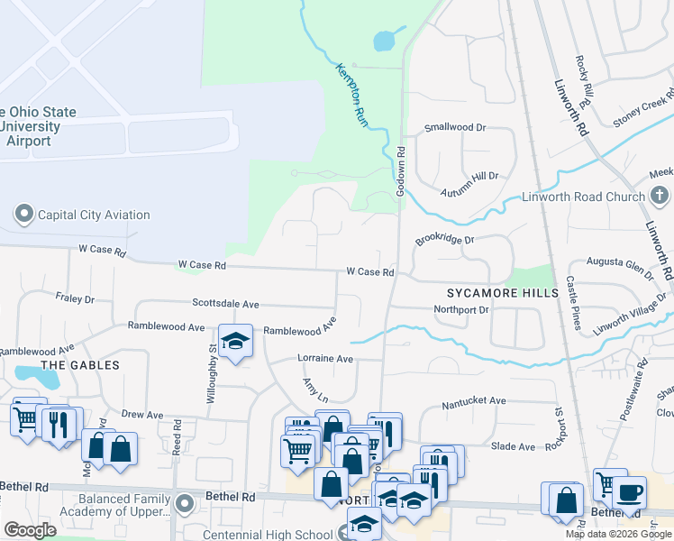 map of restaurants, bars, coffee shops, grocery stores, and more near 1530 West Case Road in Columbus