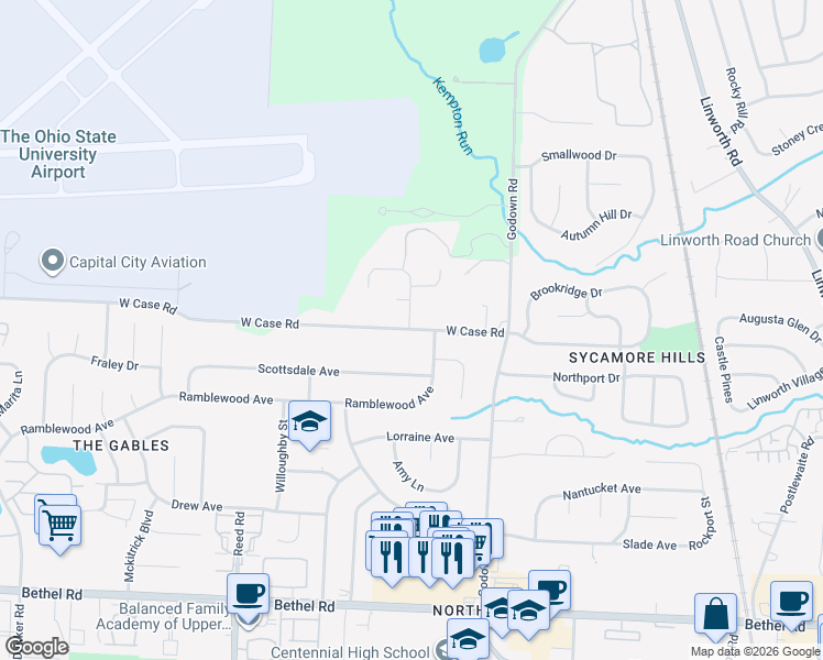 map of restaurants, bars, coffee shops, grocery stores, and more near 1530 West Case Road in Columbus